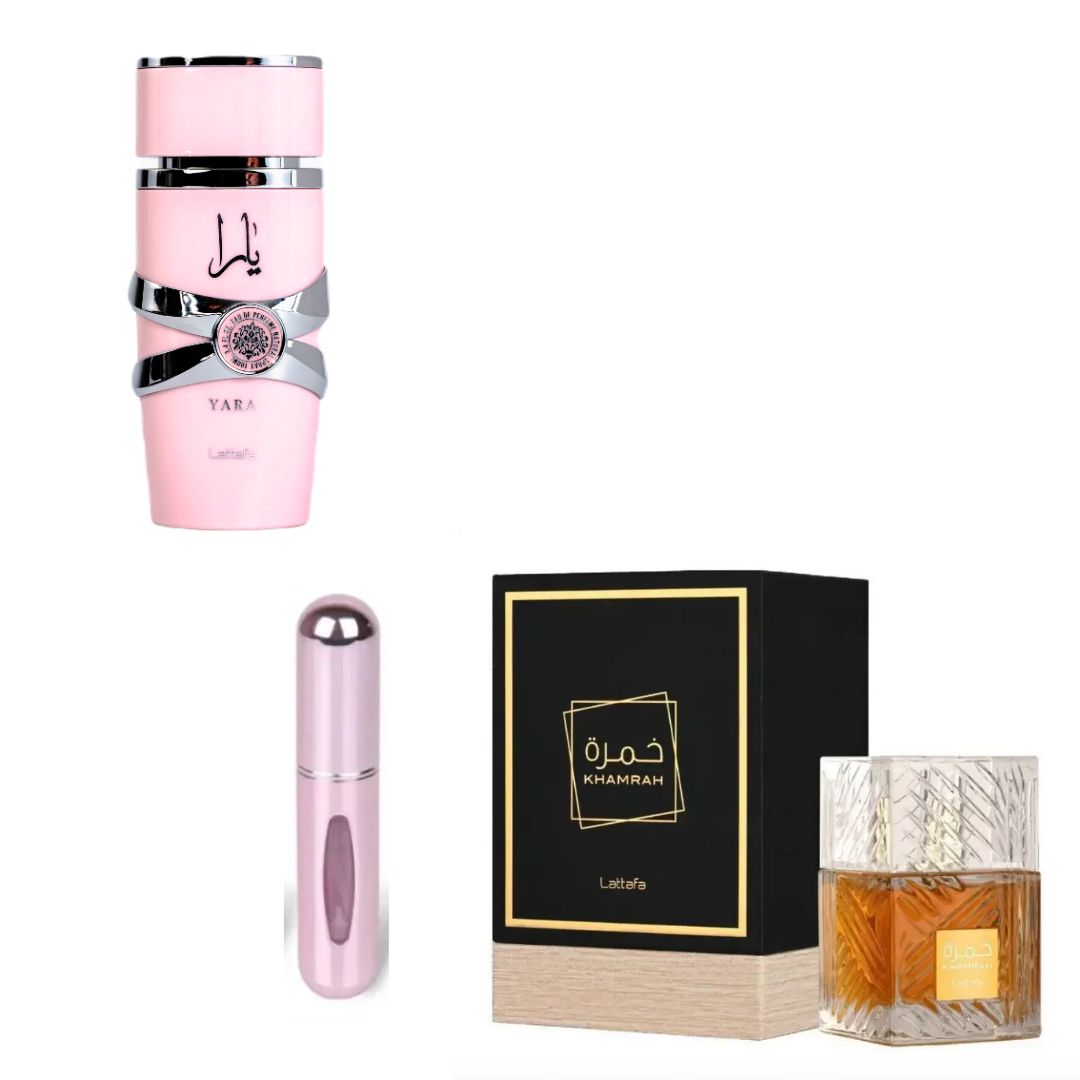 PERFUMES YARA+KHAMRAH ESTUCHE+PERFUMERO